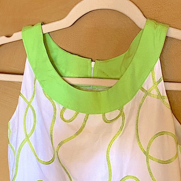 12 MAGGIE BREEN TOO LINED SHIFT DRESS WHITE LIME GREEN TRIM AND EMBROIDERY ZIP - Picture 4 of 16